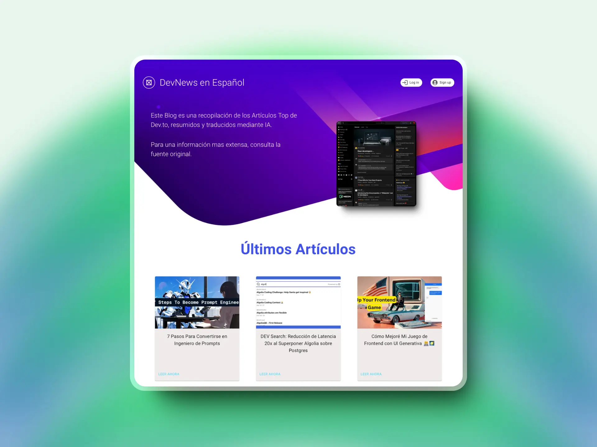 Captura de pantalla del proyecto DevNews en Español